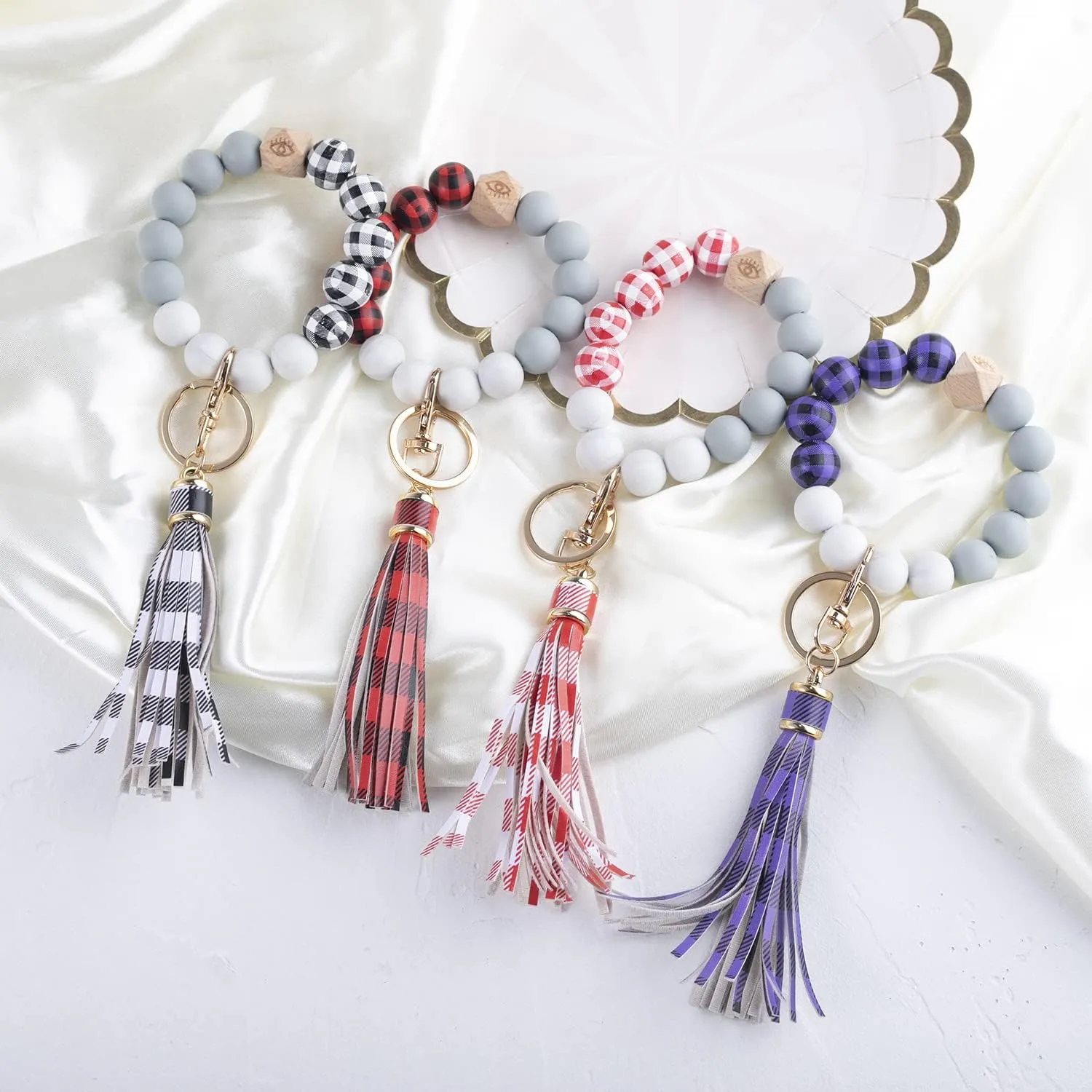 102 Keychain Bracelet Wristlet Silicone Beaded Keychain Cute Tessel Keychain for Car Keys Women Girl Firend