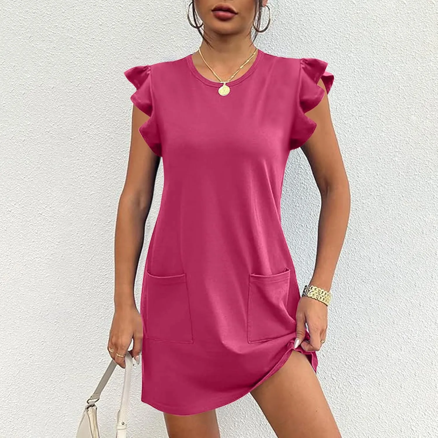 Akklian Women's Summer Dresses 2024 Beach Casual Ruffle Sleeveless Crewneck Tank Loose Mini Dress Sundress with Pocket S-XL