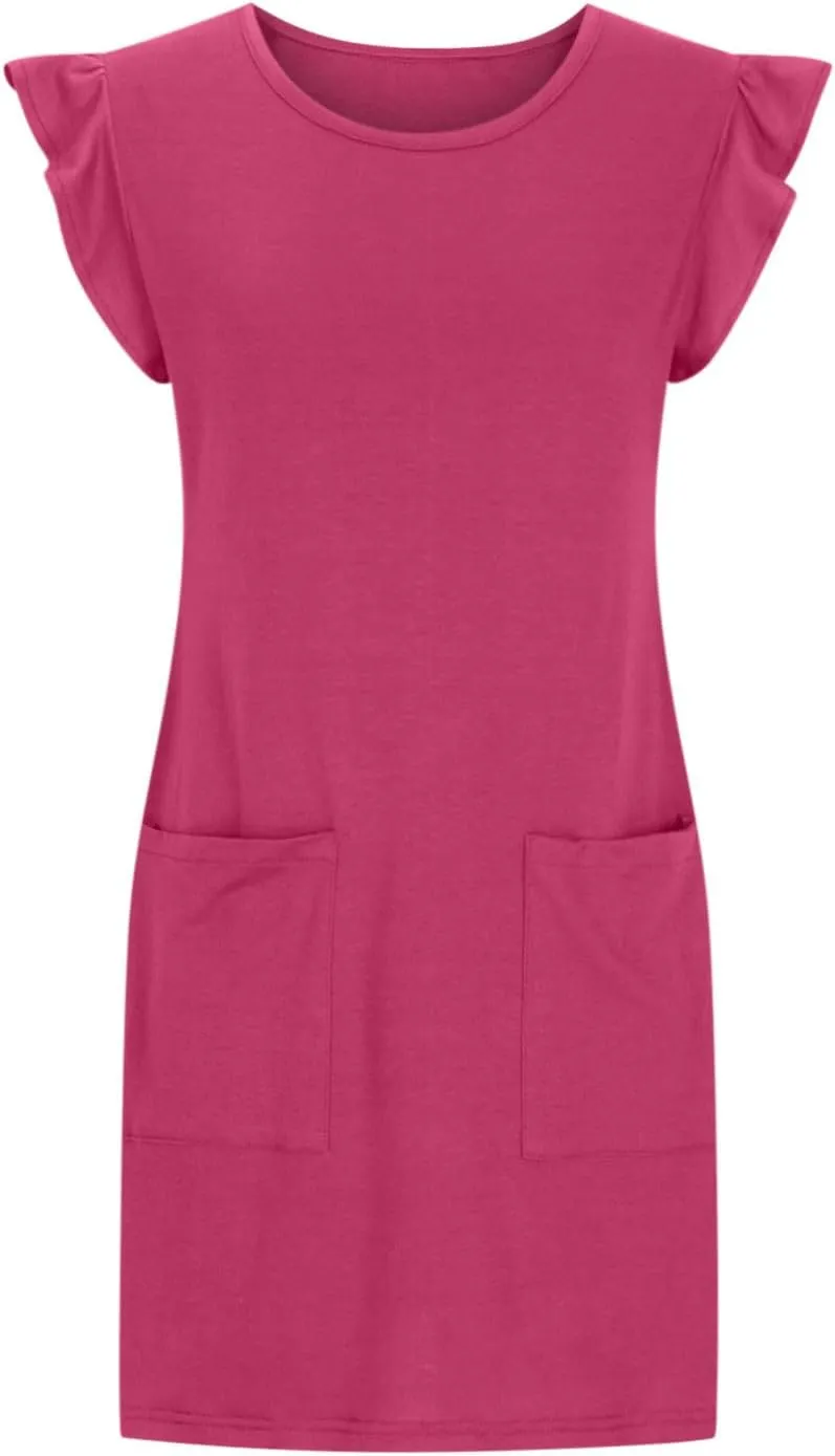 Akklian Women's Summer Dresses 2024 Beach Casual Ruffle Sleeveless Crewneck Tank Loose Mini Dress Sundress with Pocket S-XL