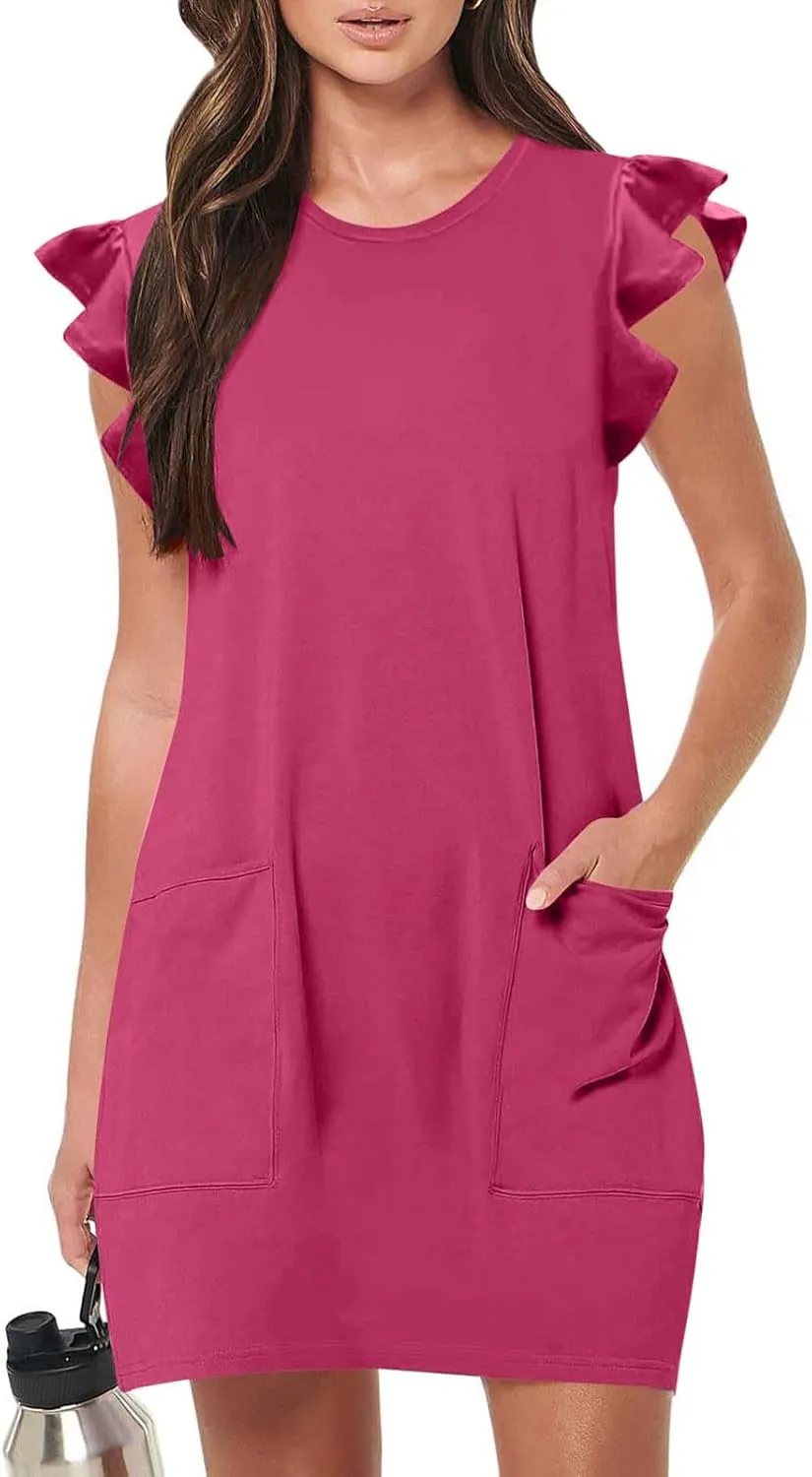 Akklian Women's Summer Dresses 2024 Beach Casual Ruffle Sleeveless Crewneck Tank Loose Mini Dress Sundress with Pocket S-XL