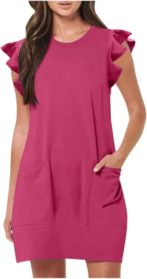 Akklian Women's Summer Dresses 2024 Beach Casual Ruffle Sleeveless Crewneck Tank Loose Mini Dress Sundress with Pocket S-XL