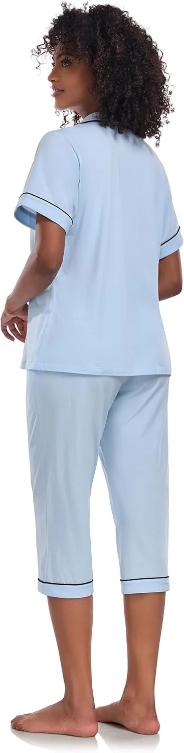 ANLIQI Womens Pajama Sets Summer Cotton Button Up Short Pjs for Women 2 Piece Sleepwear Soft Comfy Short Sleeve Shirt&Pants