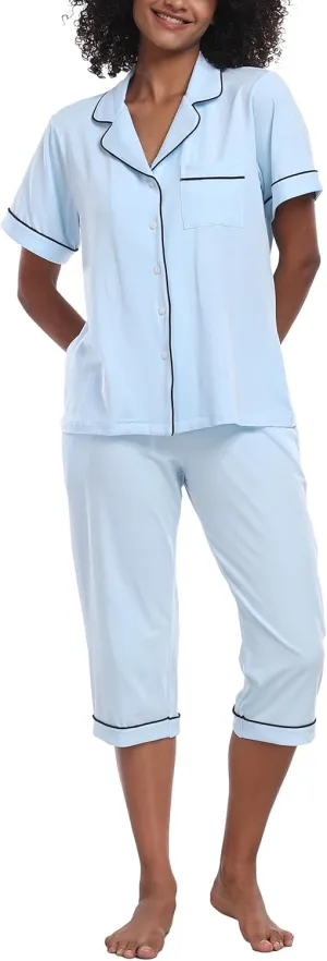 ANLIQI Womens Pajama Sets Summer Cotton Button Up Short Pjs for Women 2 Piece Sleepwear Soft Comfy Short Sleeve Shirt&Pants