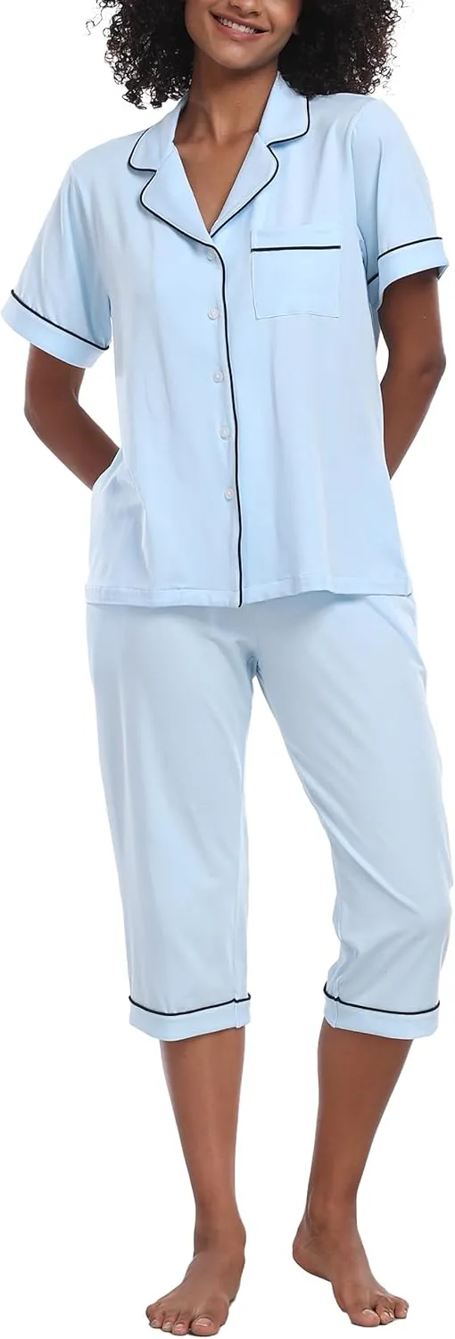 ANLIQI Womens Pajama Sets Summer Cotton Button Up Short Pjs for Women 2 Piece Sleepwear Soft Comfy Short Sleeve Shirt&Pants