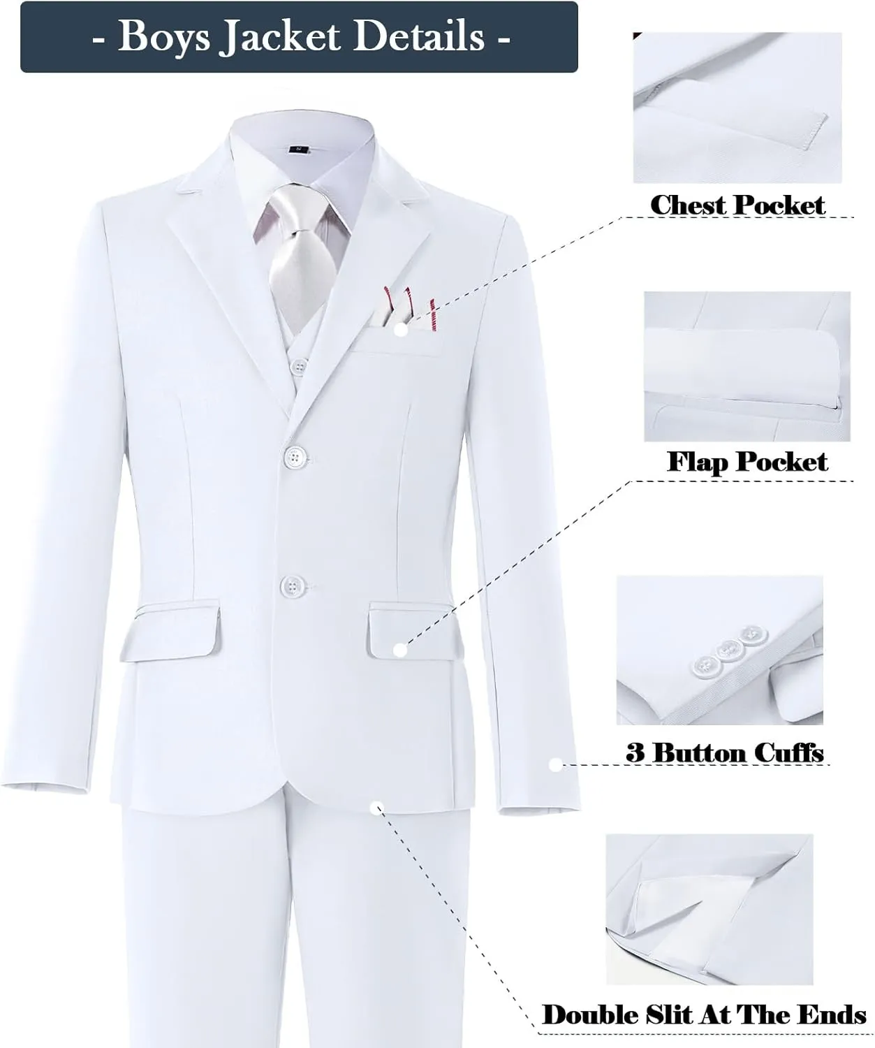 Boys Formal Suit Set with Dress Shirt Tie and Pocket Square, Adjustable Waist