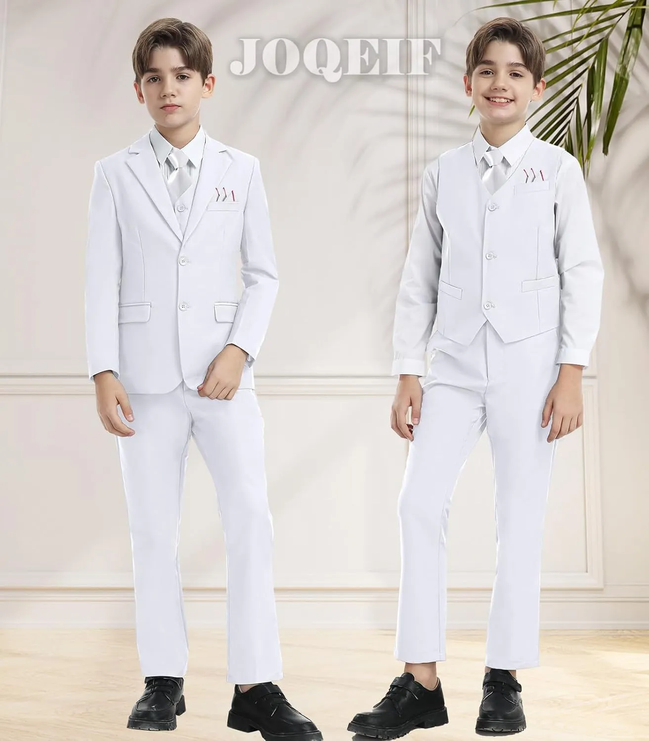 Boys Formal Suit Set with Dress Shirt Tie and Pocket Square, Adjustable Waist