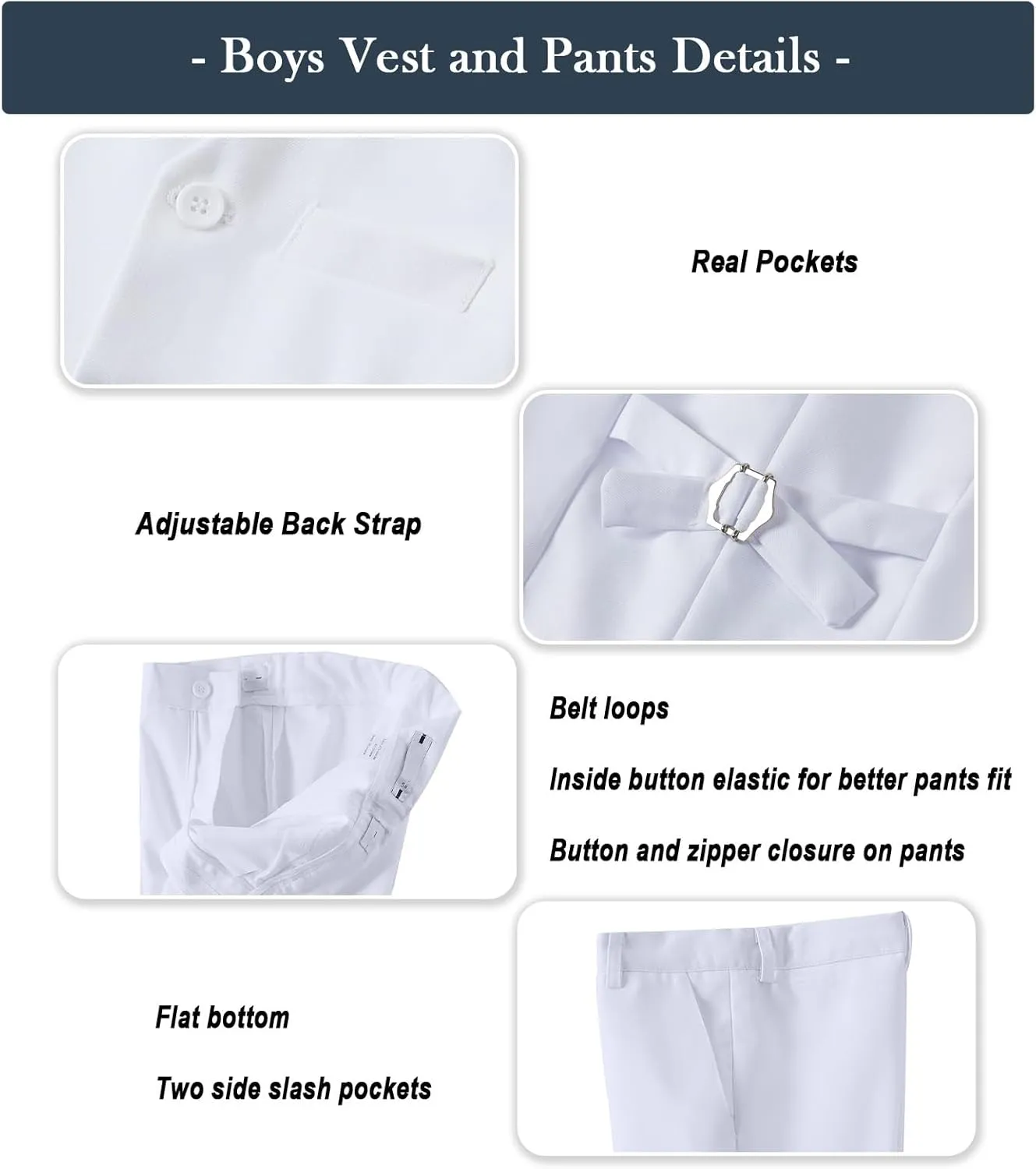 Boys Formal Suit Set with Dress Shirt Tie and Pocket Square, Adjustable Waist