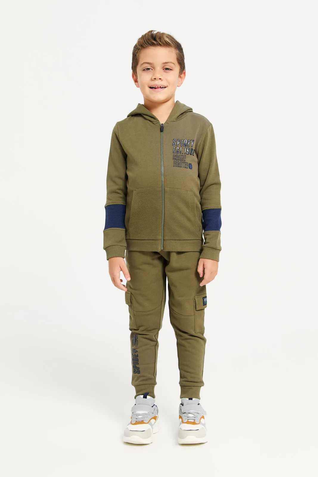 Boys Green Green Zip Thru Hooded Sweatshirt