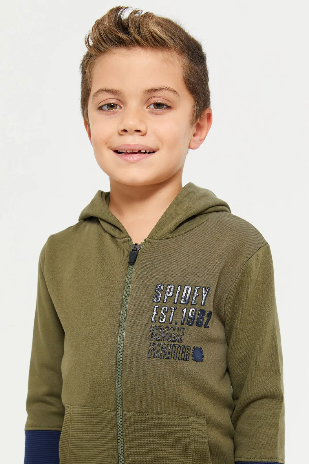 Boys Green Green Zip Thru Hooded Sweatshirt