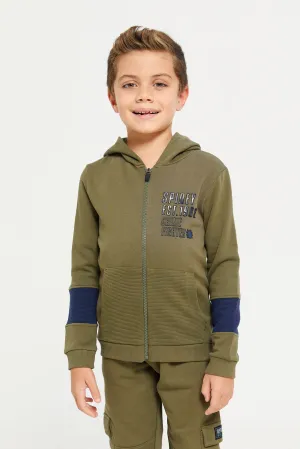 Boys Green Green Zip Thru Hooded Sweatshirt