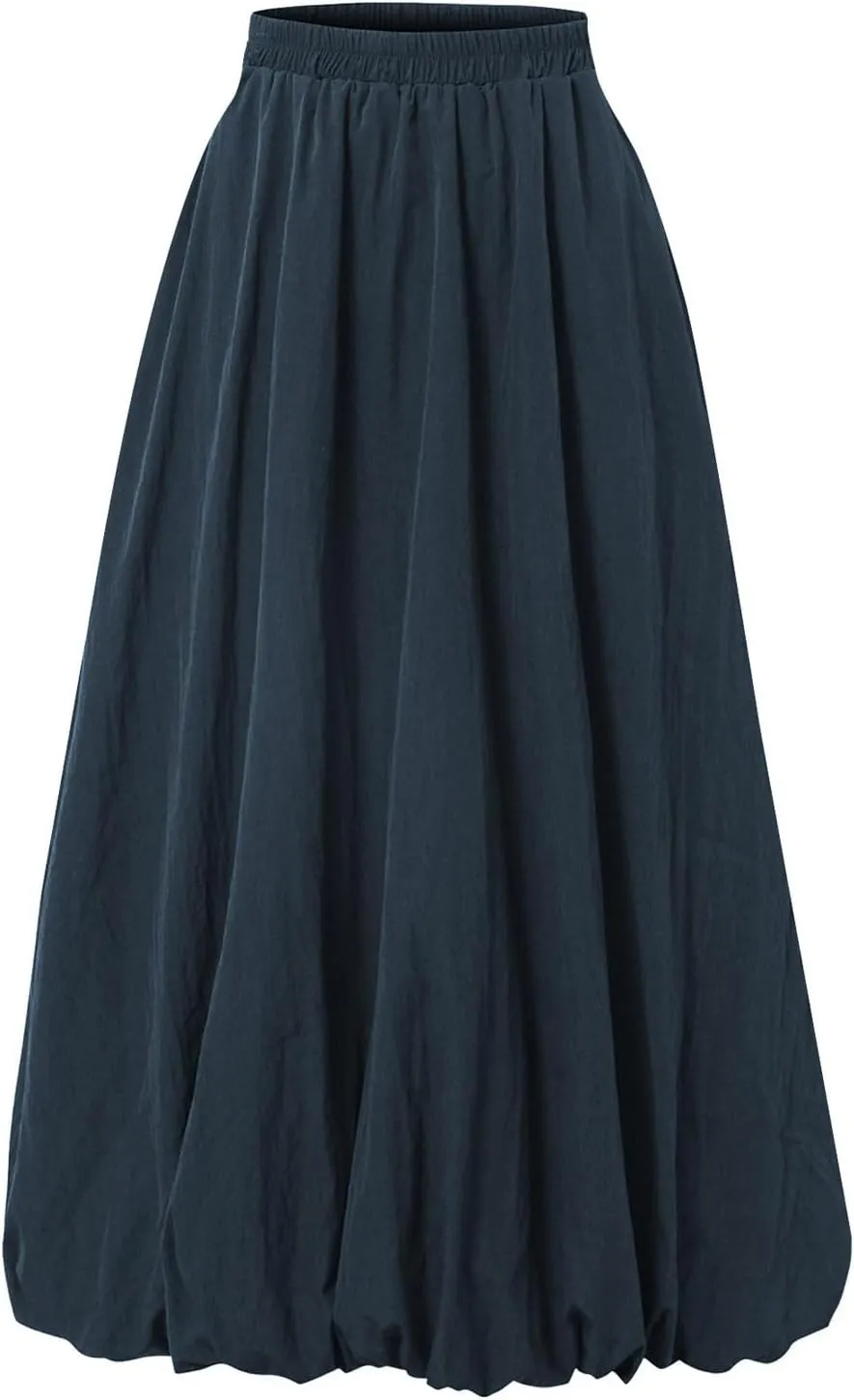 Bubble Midi Skirts for Women Elastic High Waisted Pleated Flowy Y2k Flower Pod Puffy Skirt with Pockets