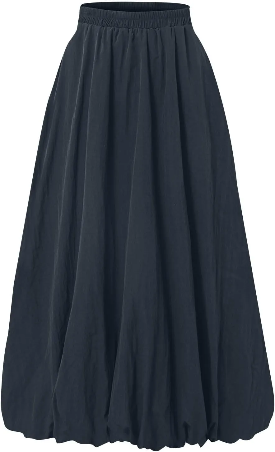 Bubble Midi Skirts for Women Elastic High Waisted Pleated Flowy Y2k Flower Pod Puffy Skirt with Pockets