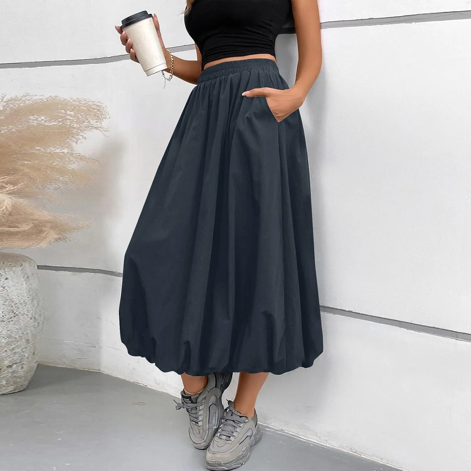 Bubble Midi Skirts for Women Elastic High Waisted Pleated Flowy Y2k Flower Pod Puffy Skirt with Pockets