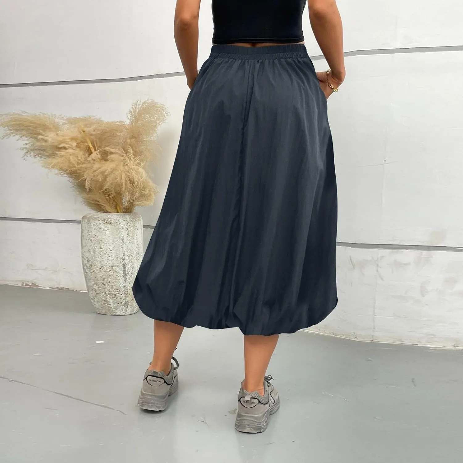 Bubble Midi Skirts for Women Elastic High Waisted Pleated Flowy Y2k Flower Pod Puffy Skirt with Pockets