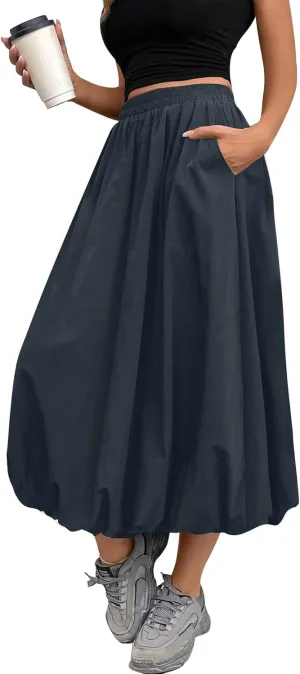 Bubble Midi Skirts for Women Elastic High Waisted Pleated Flowy Y2k Flower Pod Puffy Skirt with Pockets