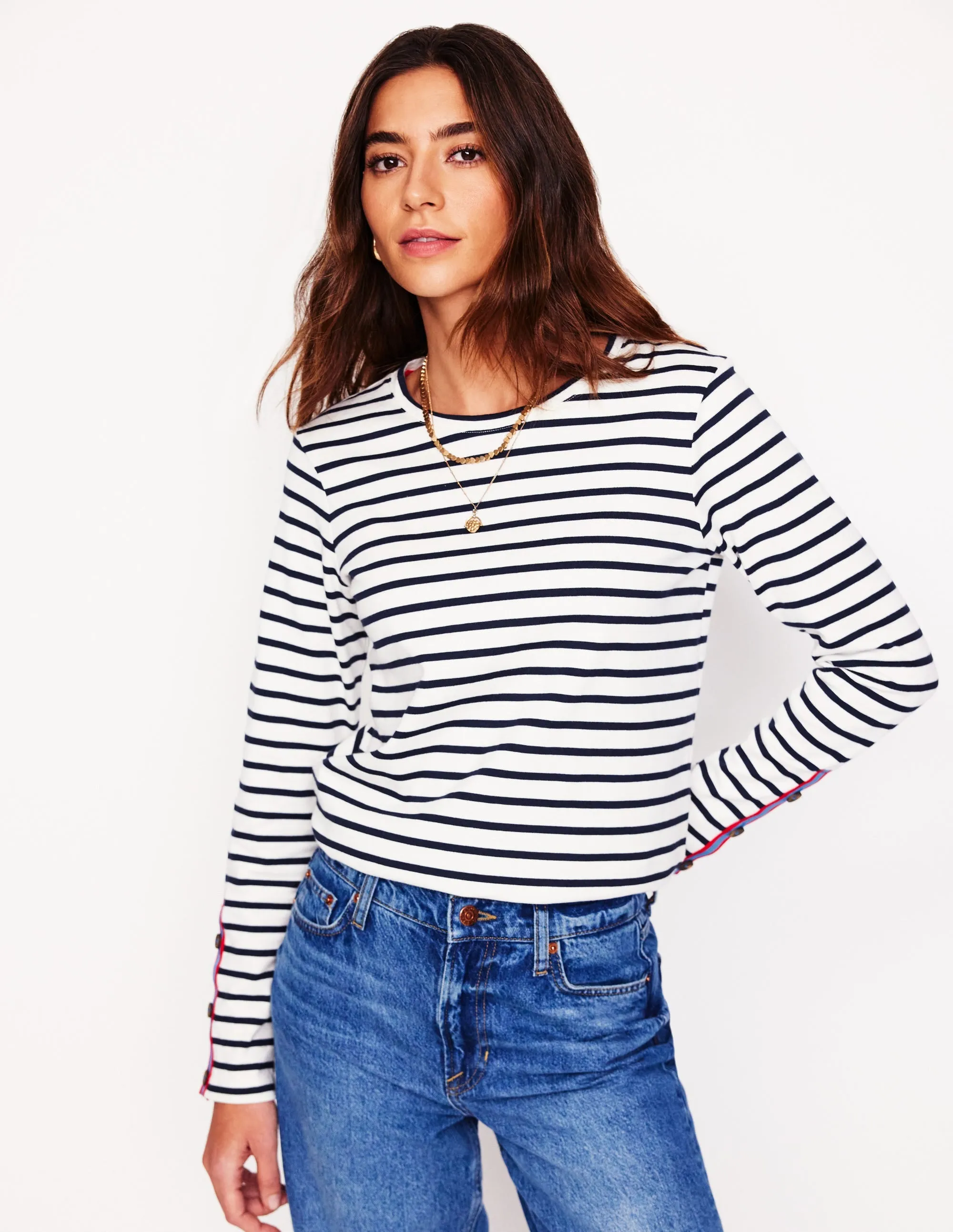 Button Cuff Mariner Breton-Ivory, French Navy Stripe