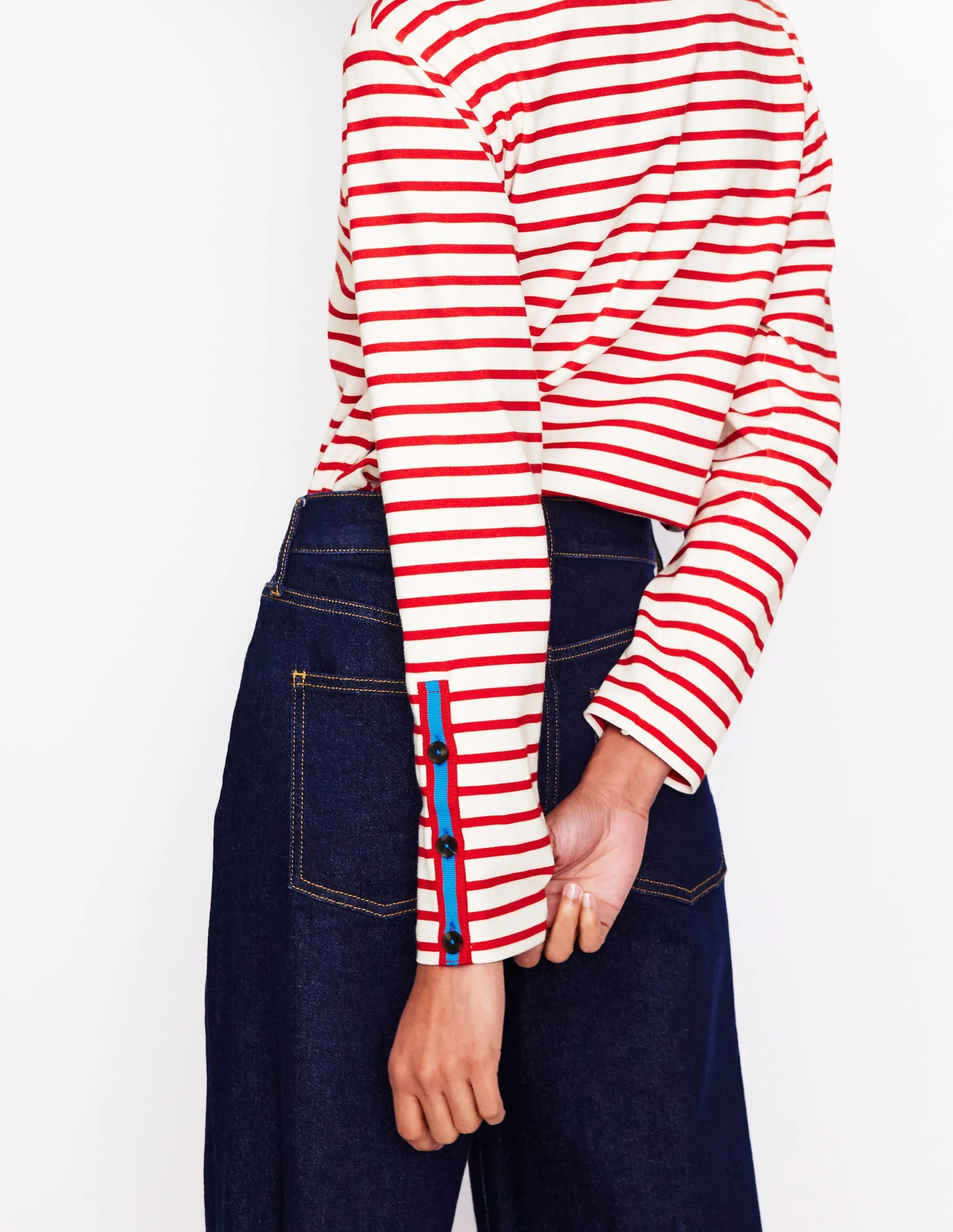 Button Cuff Mariner Breton-Red, Ivory Stripe