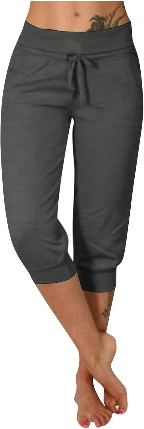 Capri Pants for Women Casual Summer Petite Short Jogger Sweatpants Drawstring Cropped Trouser Capri Leggings Plus Size