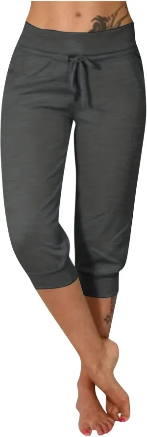 Capri Pants for Women Casual Summer Petite Short Jogger Sweatpants Drawstring Cropped Trouser Capri Leggings Plus Size