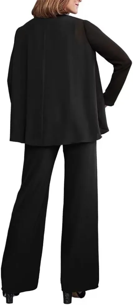Chiffon 3 Pieces Outfit Sets Plus Size Long Sleeve Formal Wedding Guest Outfit Mother of The Bride Pantsuit