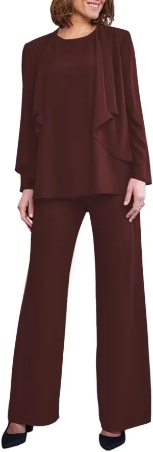 Chiffon 3 Pieces Outfit Sets Plus Size Long Sleeve Formal Wedding Guest Outfit Mother of The Bride Pantsuit
