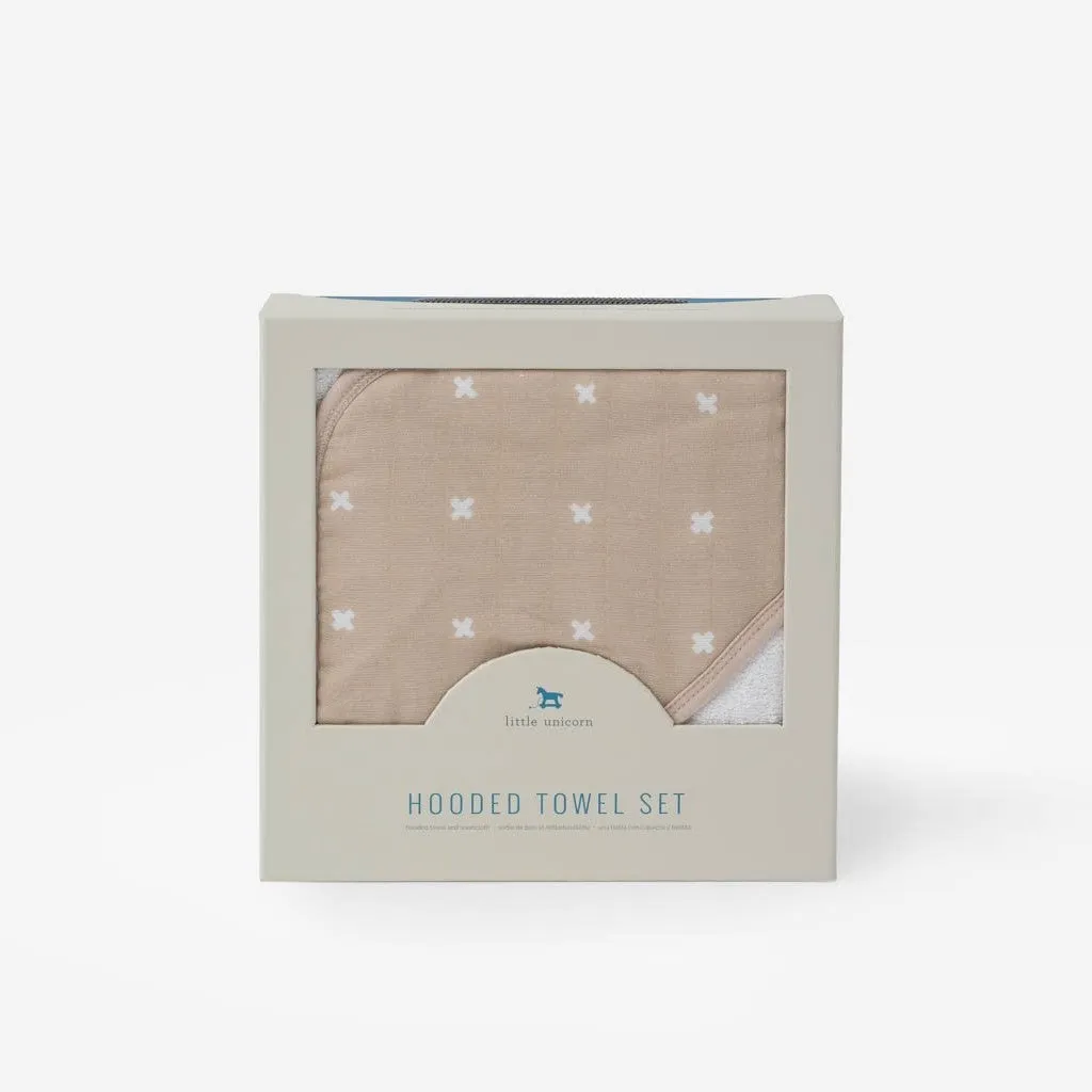 Cotton Hooded Towel & Wash Cloth (Taupe Cross)