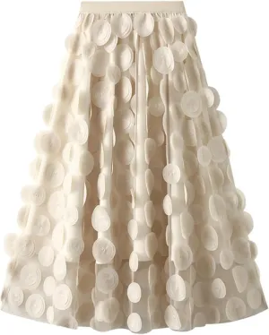 Cute 3D Polka Dots Midi Skirt for Women Elastic Waist Flowy Tulle A-Line Skirts Wedding Halloween Party Mesh Skirt