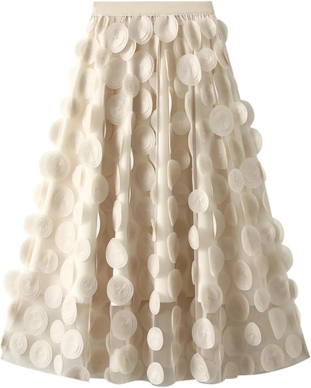 Cute 3D Polka Dots Midi Skirt for Women Elastic Waist Flowy Tulle A-Line Skirts Wedding Halloween Party Mesh Skirt