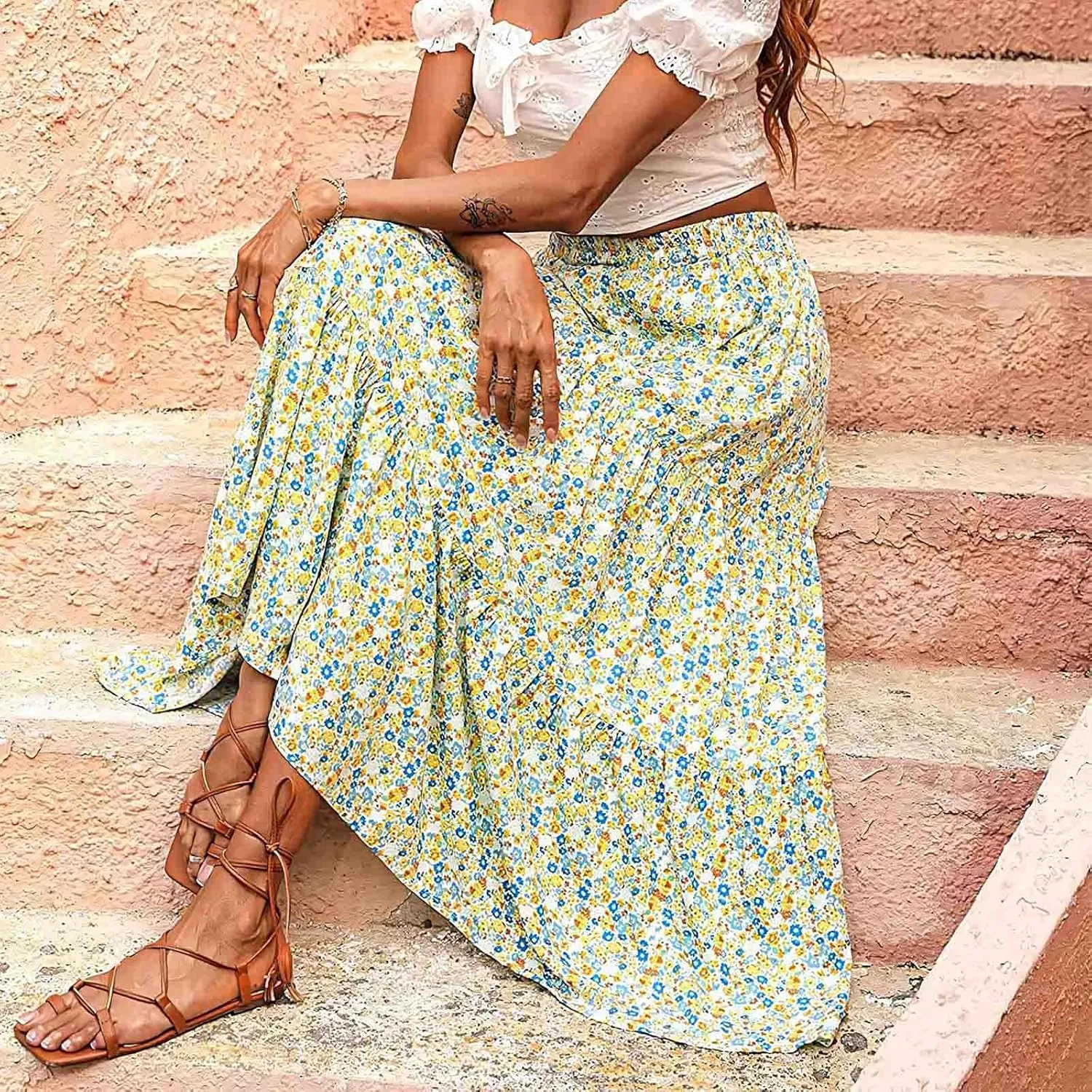 Cute Boho Floral Maxi Skirt Women Summer Ruffle High Waisted Flowy A-Line Skirts Casual Pleated Skirt with Pockets