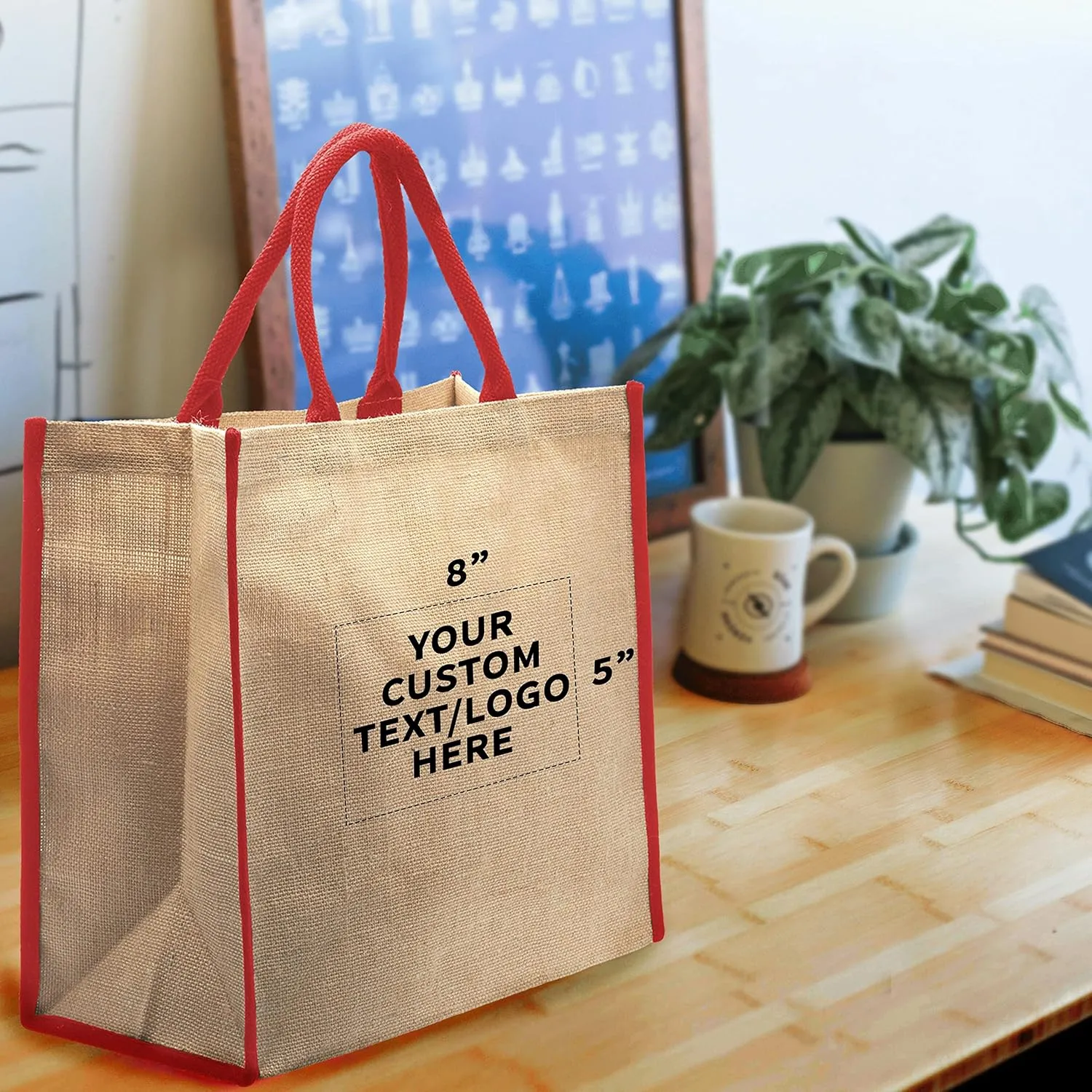 DISCOUNT PROMOS Custom Fresno Eco Friendly Jute Tote Bags Set of 100, Personalized Bulk Pack - Reusable, Great for Tradeshows, Grocery, Shopping and Outdoor Events - Red