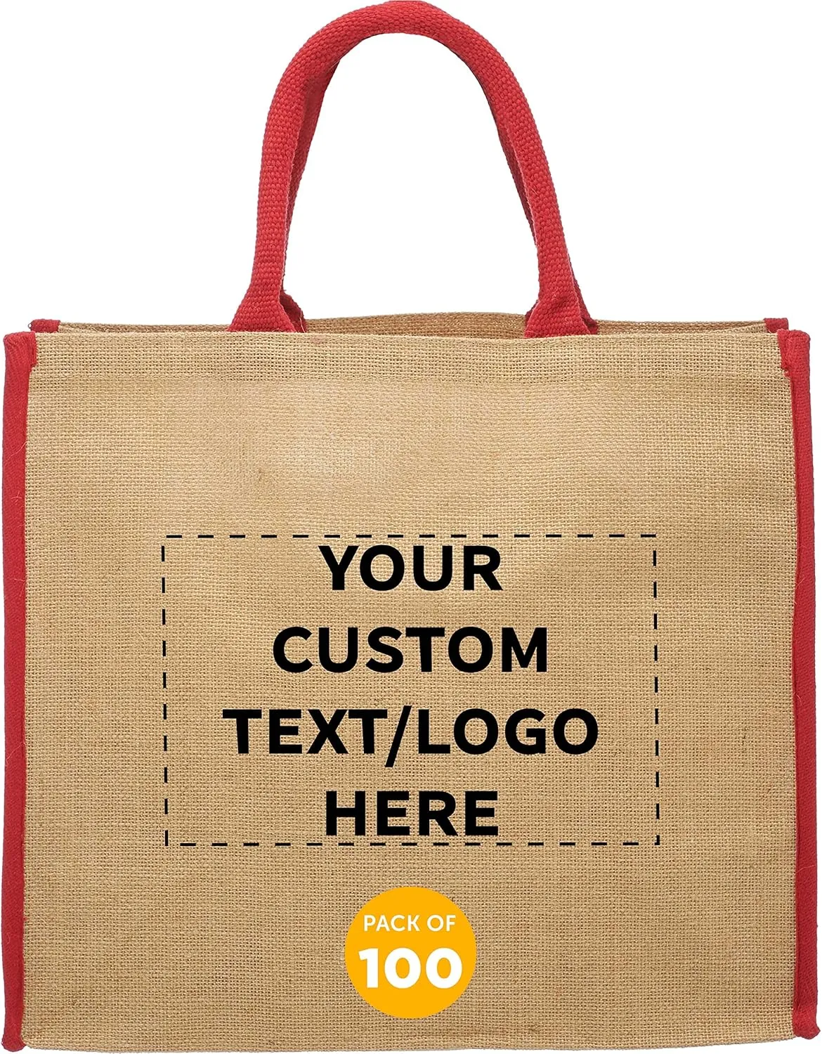 DISCOUNT PROMOS Custom Fresno Eco Friendly Jute Tote Bags Set of 100, Personalized Bulk Pack - Reusable, Great for Tradeshows, Grocery, Shopping and Outdoor Events - Red