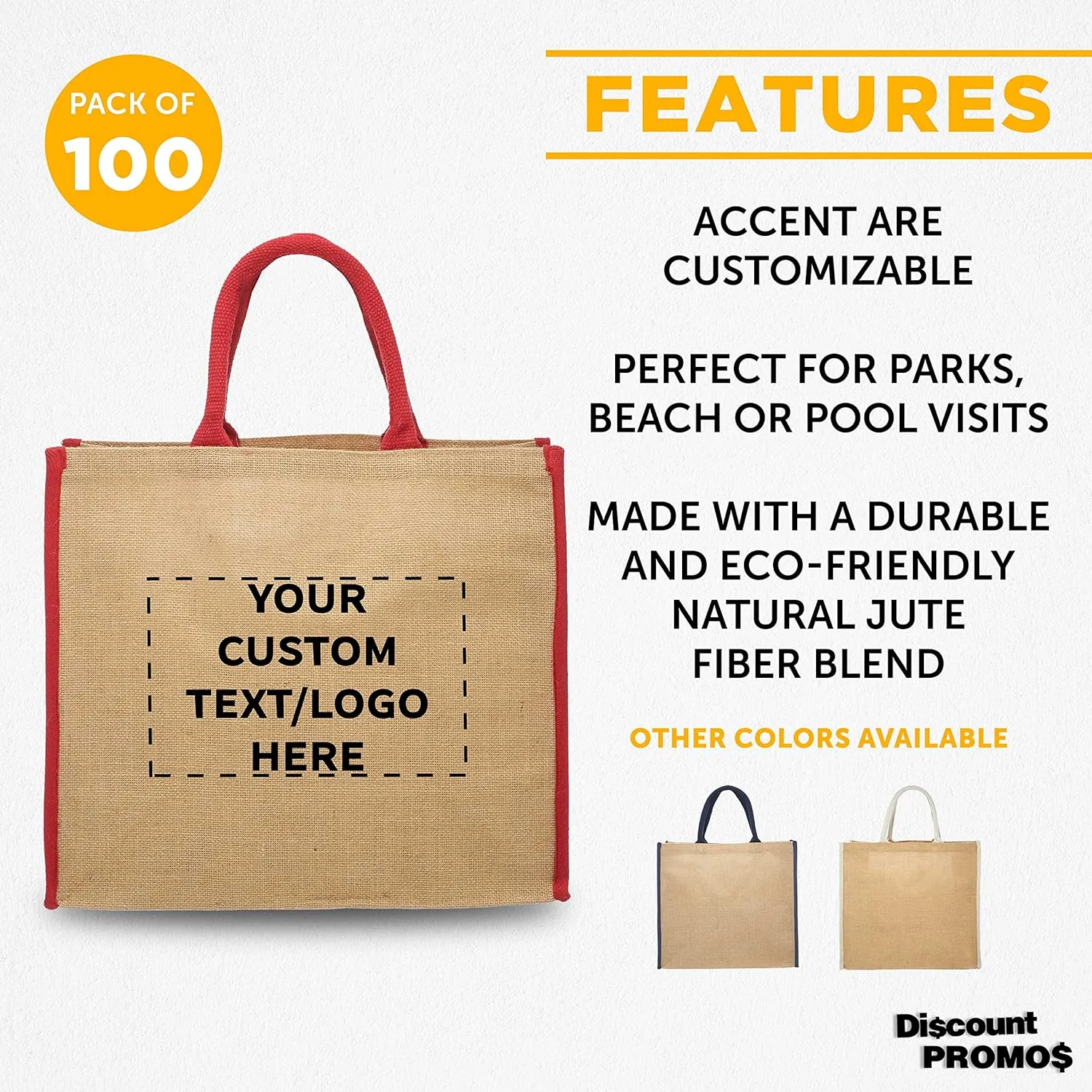 DISCOUNT PROMOS Custom Fresno Eco Friendly Jute Tote Bags Set of 100, Personalized Bulk Pack - Reusable, Great for Tradeshows, Grocery, Shopping and Outdoor Events - Red