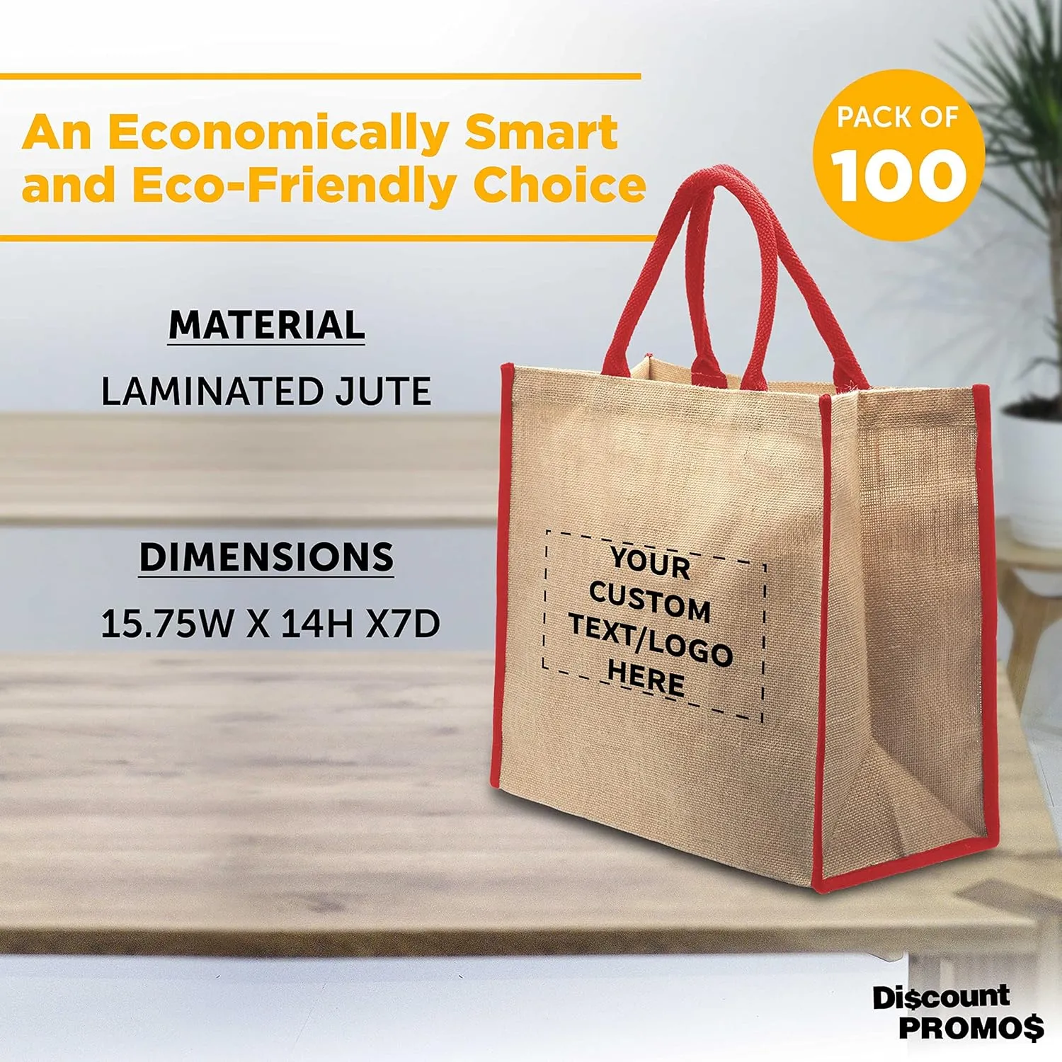 DISCOUNT PROMOS Custom Fresno Eco Friendly Jute Tote Bags Set of 100, Personalized Bulk Pack - Reusable, Great for Tradeshows, Grocery, Shopping and Outdoor Events - Red