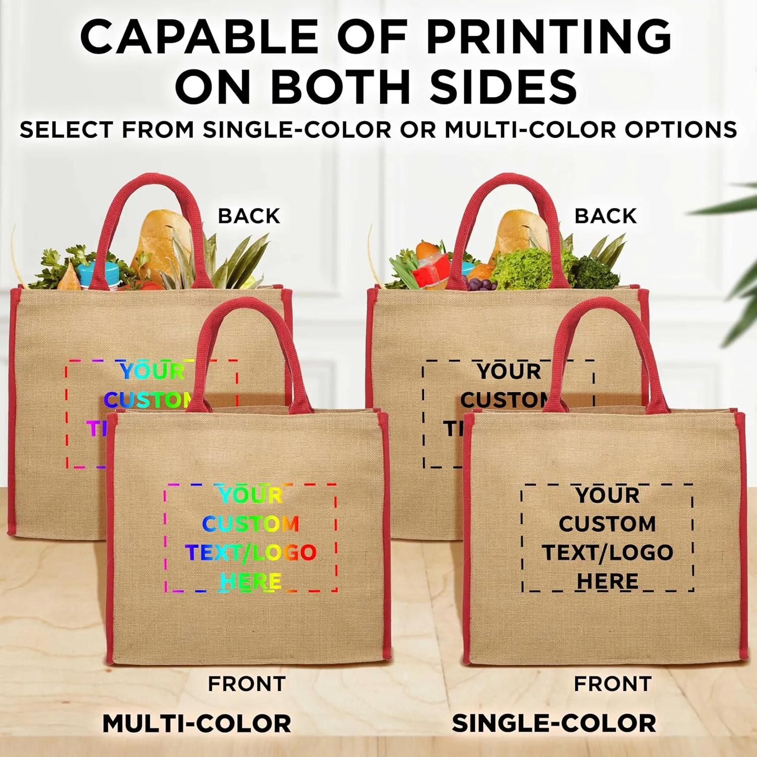 DISCOUNT PROMOS Custom Fresno Eco Friendly Jute Tote Bags Set of 100, Personalized Bulk Pack - Reusable, Great for Tradeshows, Grocery, Shopping and Outdoor Events - Red