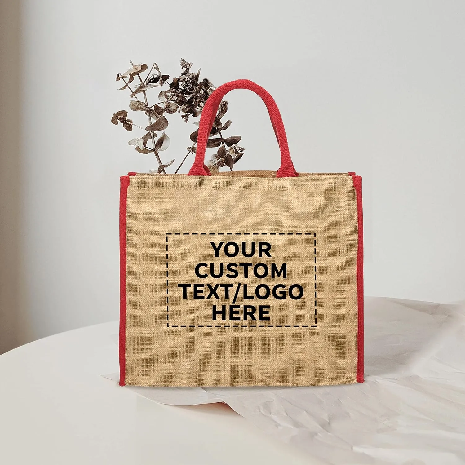 DISCOUNT PROMOS Custom Fresno Eco Friendly Jute Tote Bags Set of 100, Personalized Bulk Pack - Reusable, Great for Tradeshows, Grocery, Shopping and Outdoor Events - Red