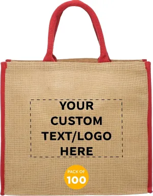 DISCOUNT PROMOS Custom Fresno Eco Friendly Jute Tote Bags Set of 100, Personalized Bulk Pack - Reusable, Great for Tradeshows, Grocery, Shopping and Outdoor Events - Red