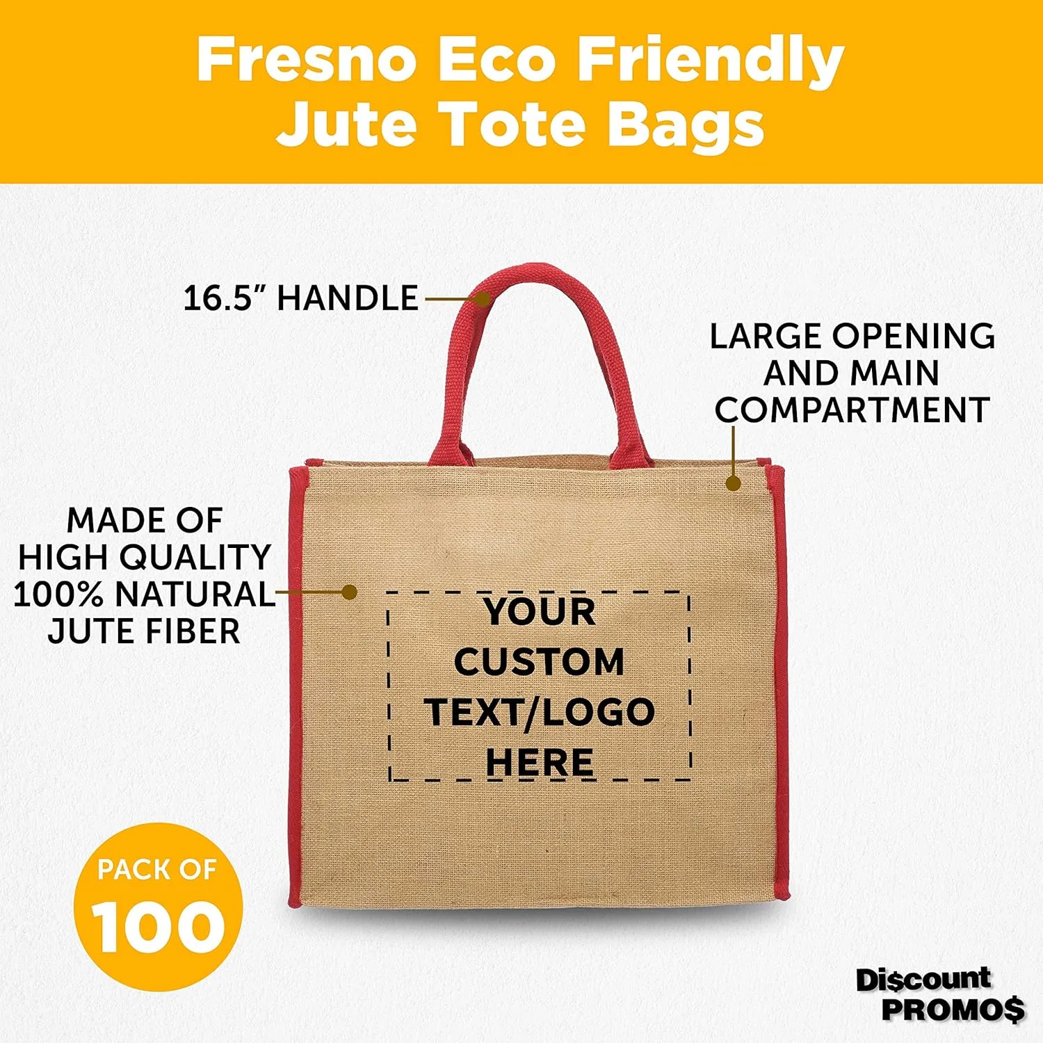 DISCOUNT PROMOS Custom Fresno Eco Friendly Jute Tote Bags Set of 100, Personalized Bulk Pack - Reusable, Great for Tradeshows, Grocery, Shopping and Outdoor Events - Red