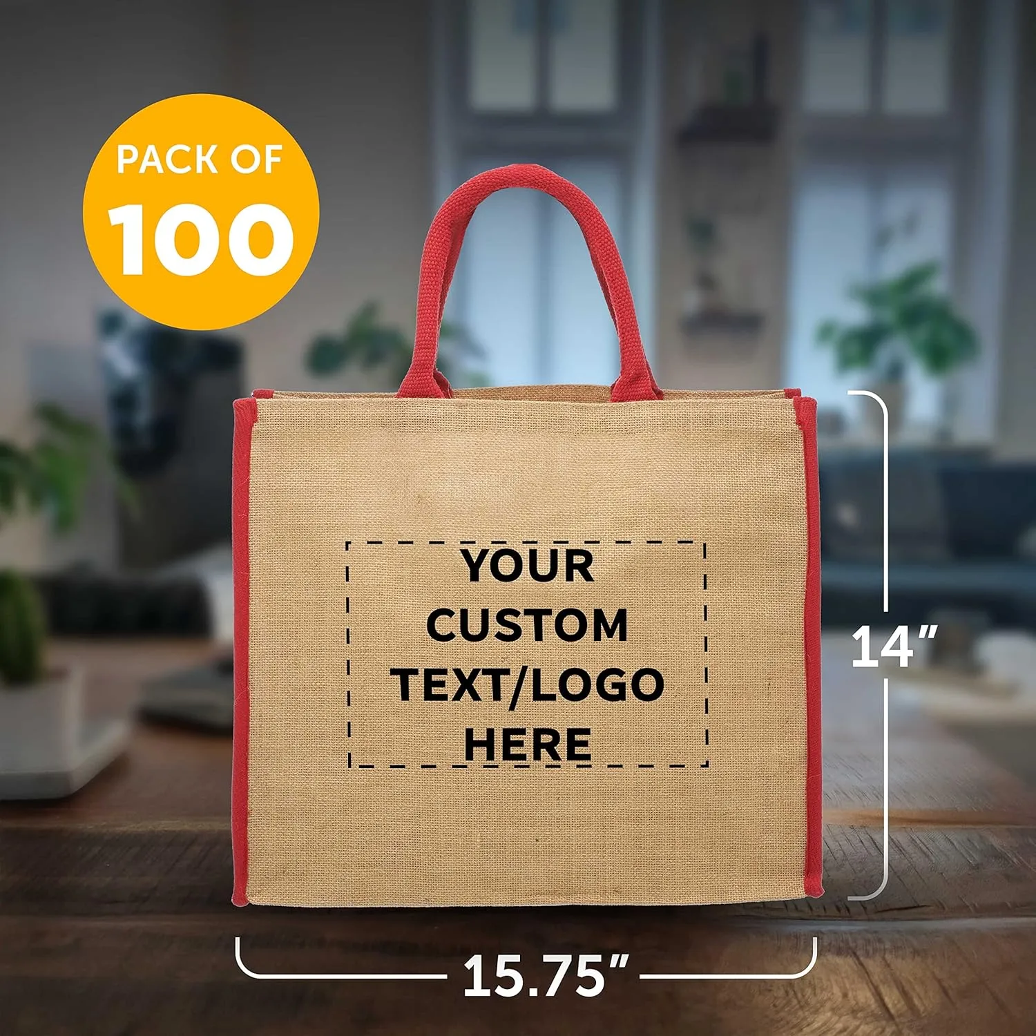 DISCOUNT PROMOS Custom Fresno Eco Friendly Jute Tote Bags Set of 100, Personalized Bulk Pack - Reusable, Great for Tradeshows, Grocery, Shopping and Outdoor Events - Red