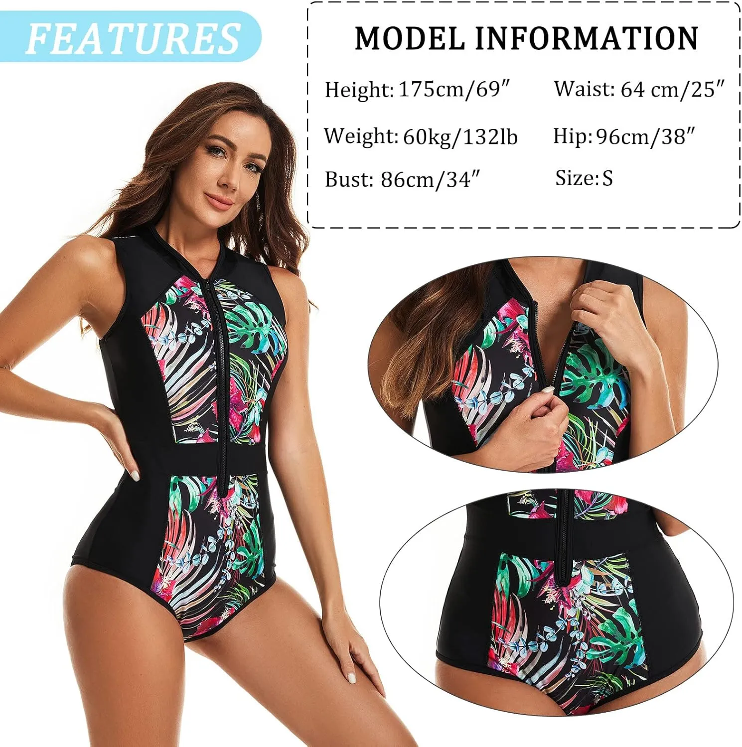 FEOYA Women's One Piece Swimsuit Casual Sleeveless/Long Sleeve Zip Front Rash Guard 2023 S-XXL