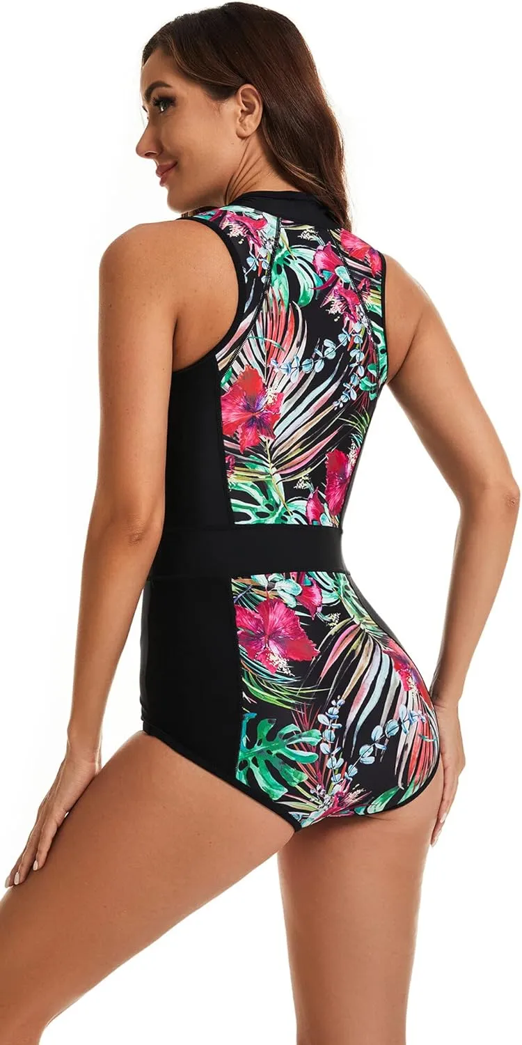 FEOYA Women's One Piece Swimsuit Casual Sleeveless/Long Sleeve Zip Front Rash Guard 2023 S-XXL