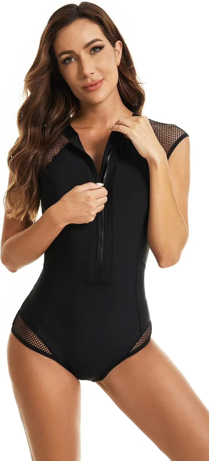 FEOYA Women's One Piece Swimsuit Casual Sleeveless/Long Sleeve Zip Front Rash Guard 2023 S-XXL
