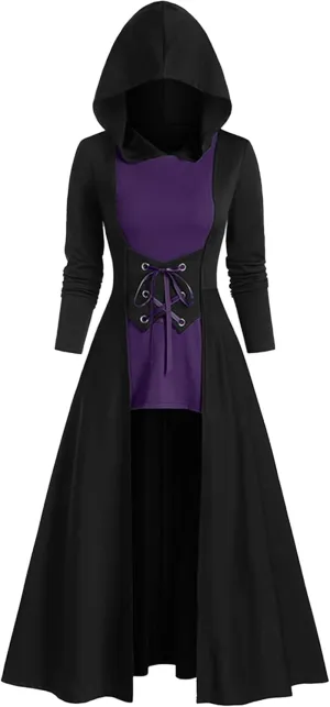 FEOYA Womens Renaissance Costumes Hooded Robe Lace Up Vintage Pullover High Low Long Hoodie Dress Cloak