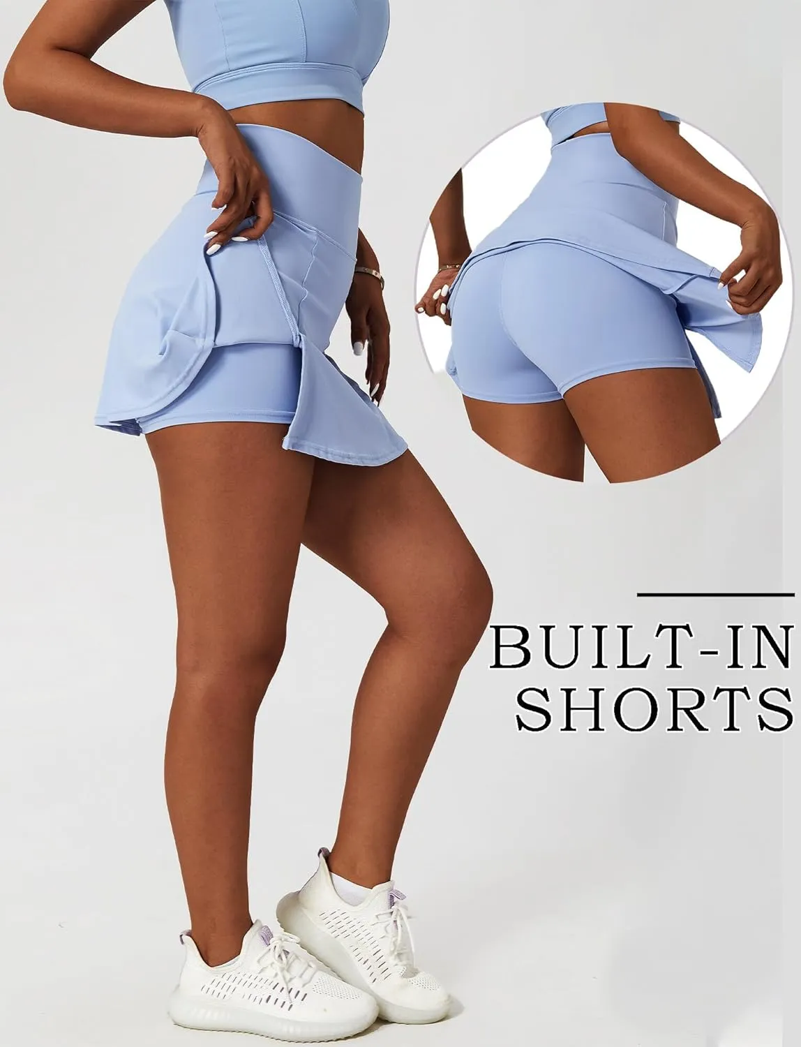 FEOYA Women's Tennis Golf Skirt with Slit High Waisted A-Line Athletic Skort with Built-in Shorts Tummy Control