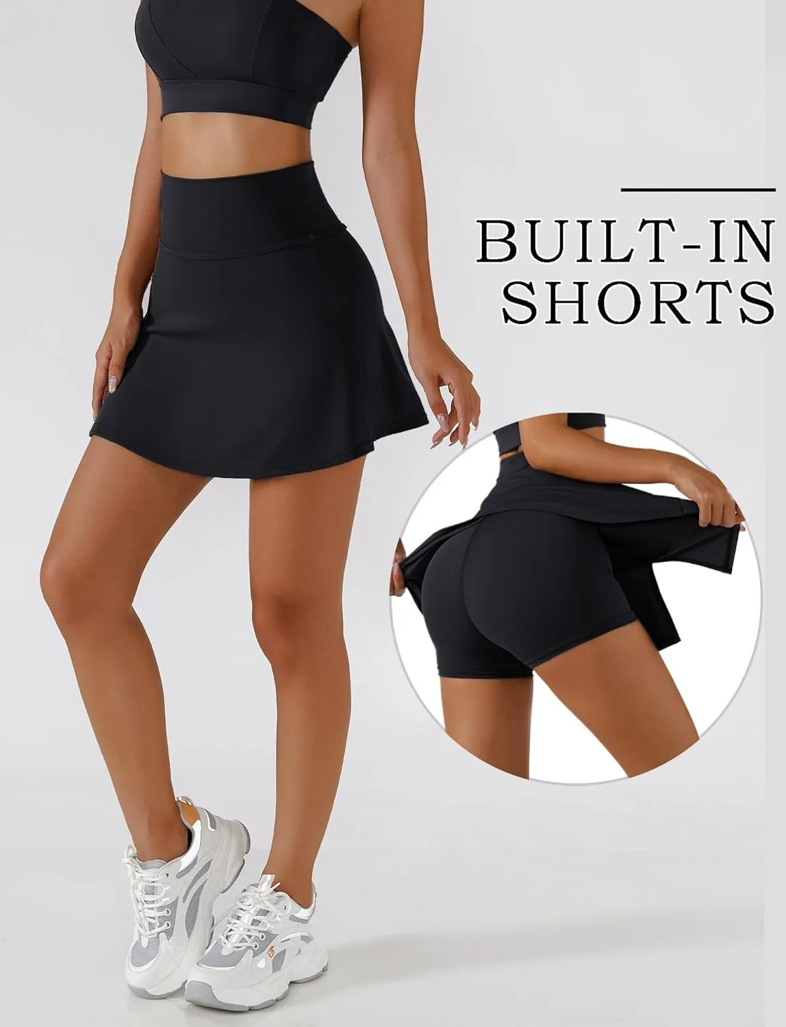 FEOYA Women's Tennis Golf Skirt with Slit High Waisted A-Line Athletic Skort with Built-in Shorts Tummy Control