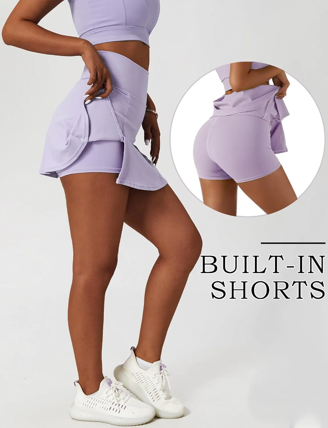 FEOYA Women's Tennis Golf Skirt with Slit High Waisted A-Line Athletic Skort with Built-in Shorts Tummy Control