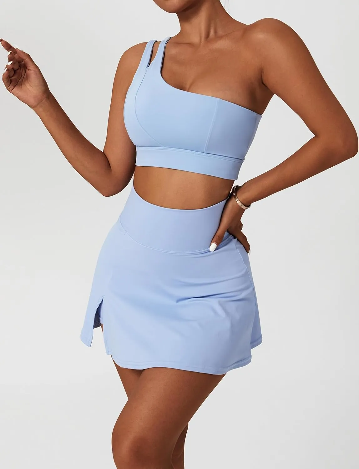 FEOYA Women's Tennis Golf Skirt with Slit High Waisted A-Line Athletic Skort with Built-in Shorts Tummy Control