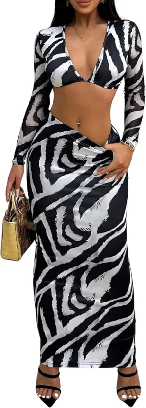 Floerns Women's 2 Piece Zebra Print Deep V Neck Long Sleeve Crop Top and Skirt Sets
