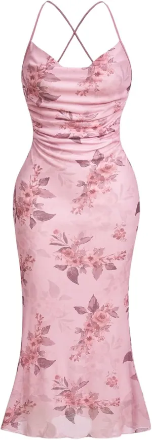 Floerns Women's Plus Size Floral Print Spaghetti Strap Backless Ruched Party Fishtail Hem Cami Midi Dress