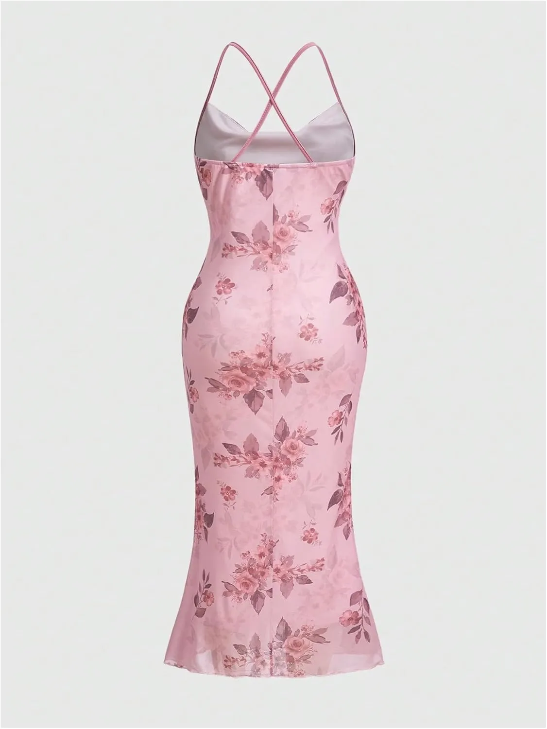 Floerns Women's Plus Size Floral Print Spaghetti Strap Backless Ruched Party Fishtail Hem Cami Midi Dress