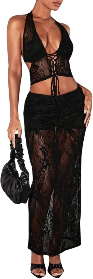 Floerns Women's Sheer Lace Halter Corset Tank Top Low Cut Lace Trim Maxi Skirts 2 Piece Outfits